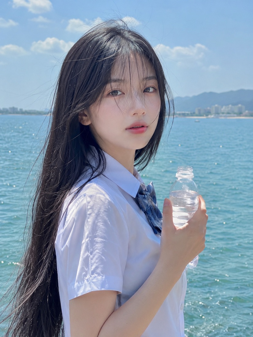 海辺の夏ポートレート - AI生成の作例