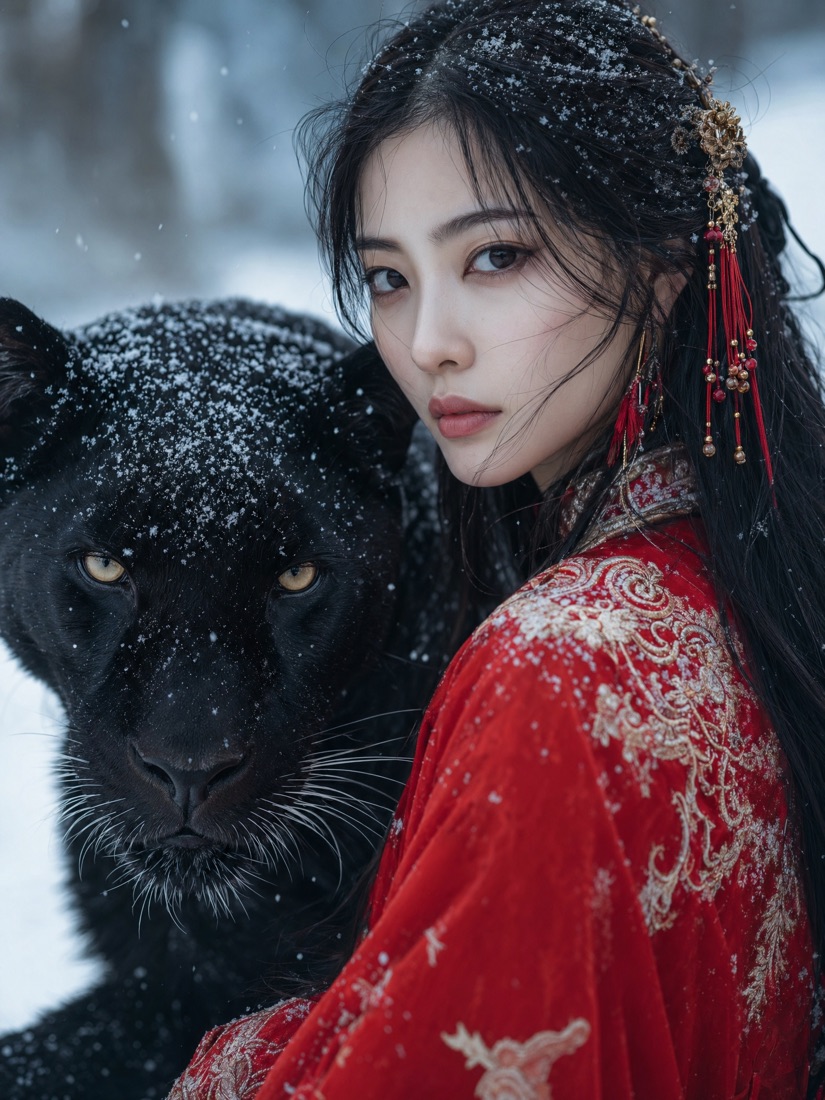 雪と黒豹の肖像 - AI生成の作例