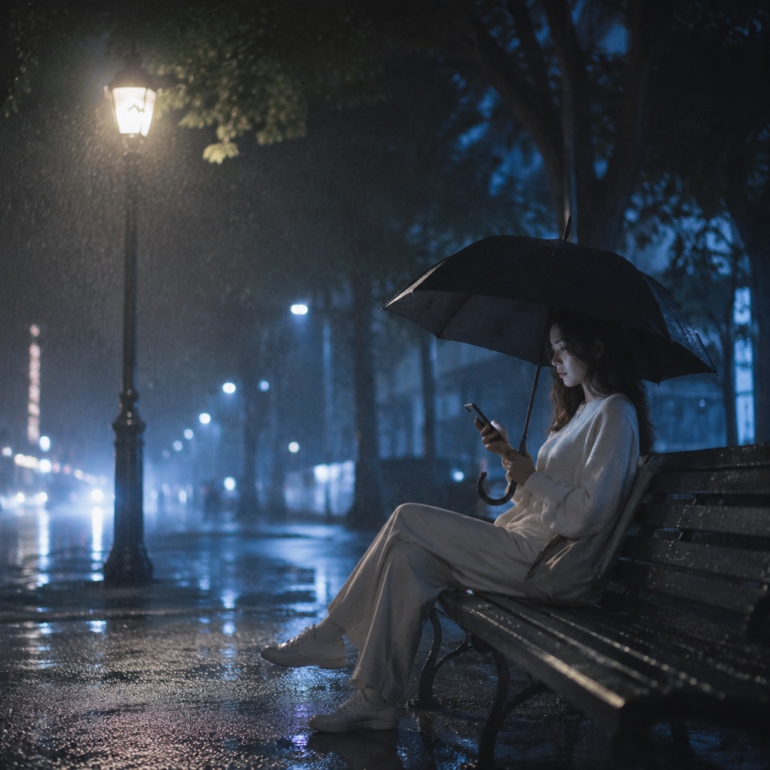 雨夜のベンチ - AI生成の作例