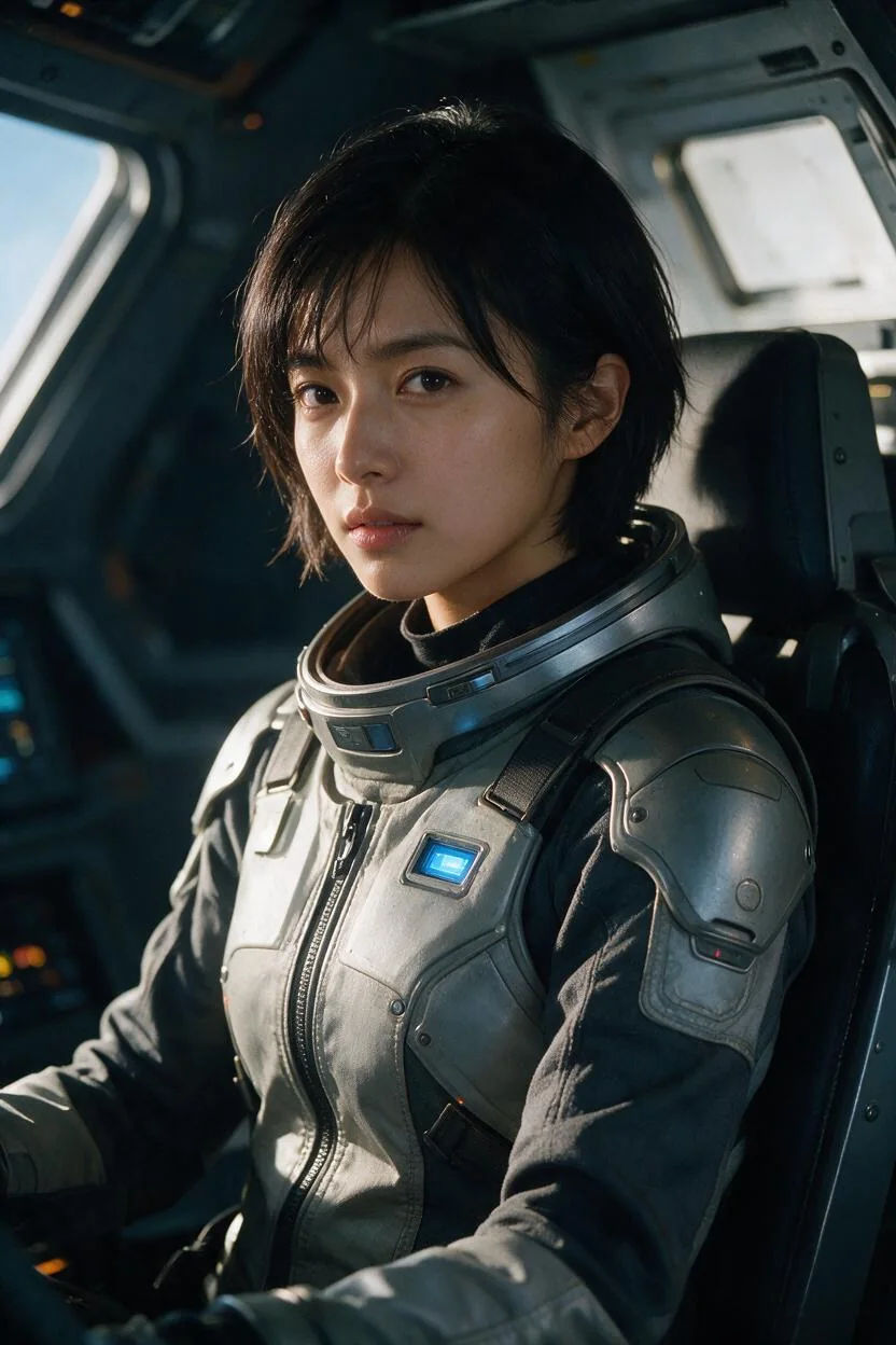 宇宙船の操縦席に座る成人女性パイロットの実写風AI画像