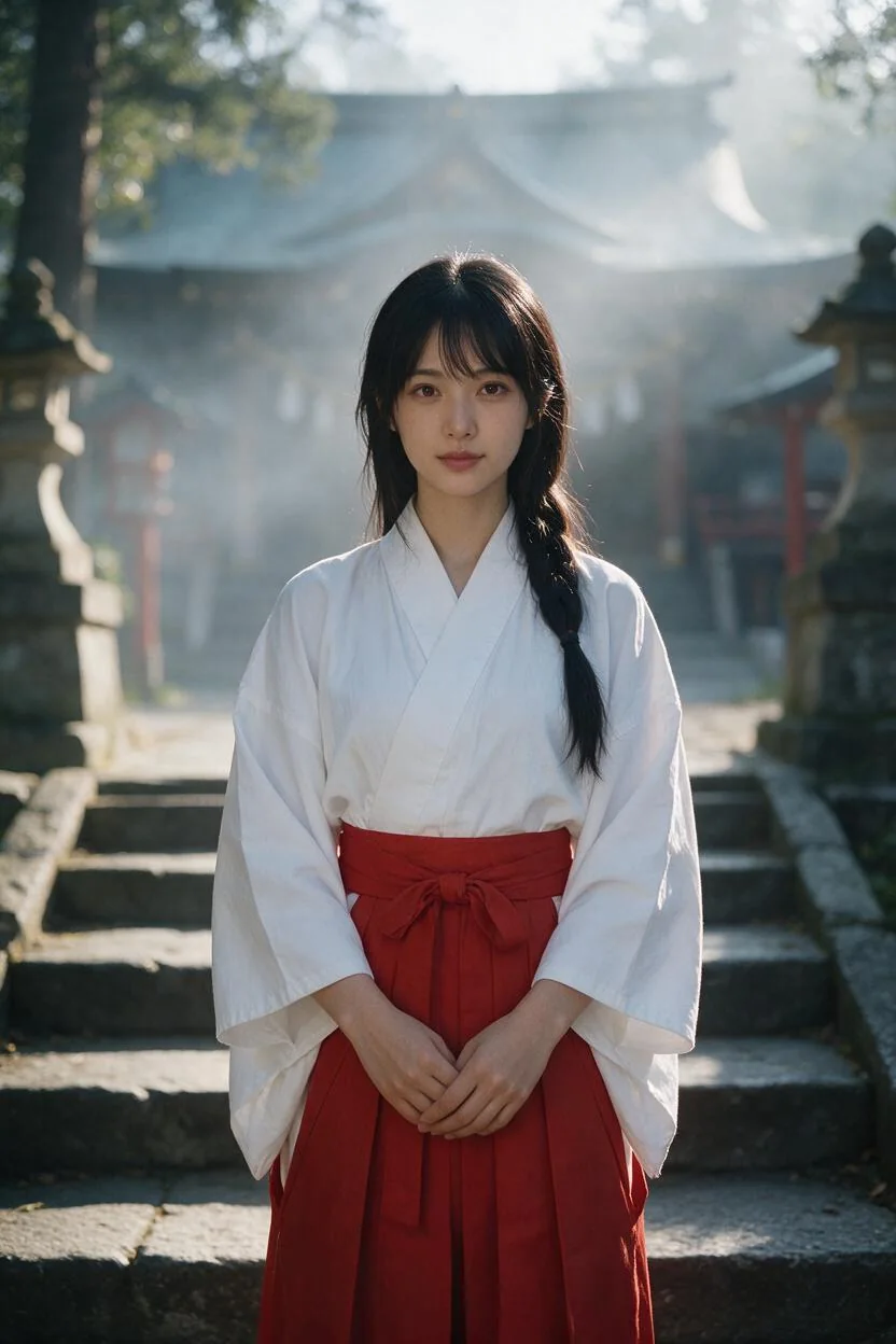 早朝の神社に立つ巫女姿の成人AI女性