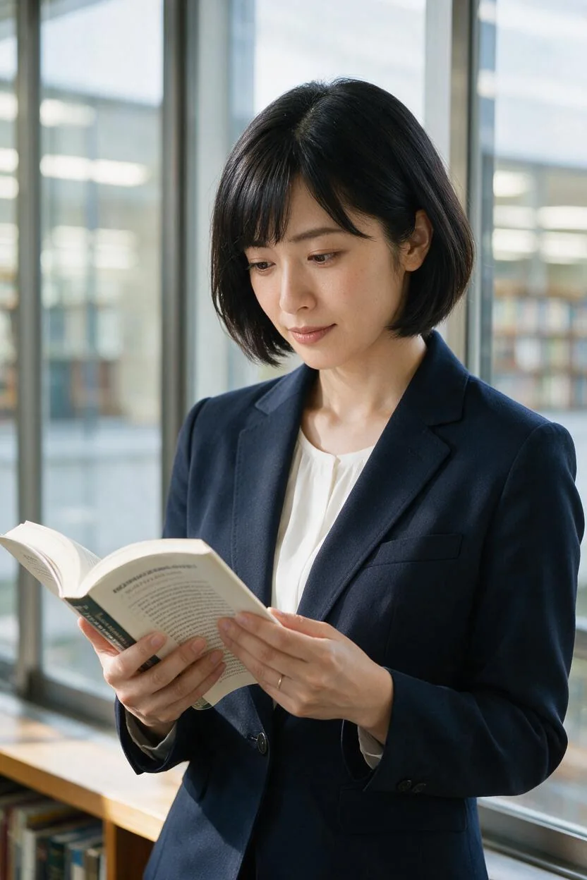 大学の研究図書館で本を読む30歳の成人AI女性