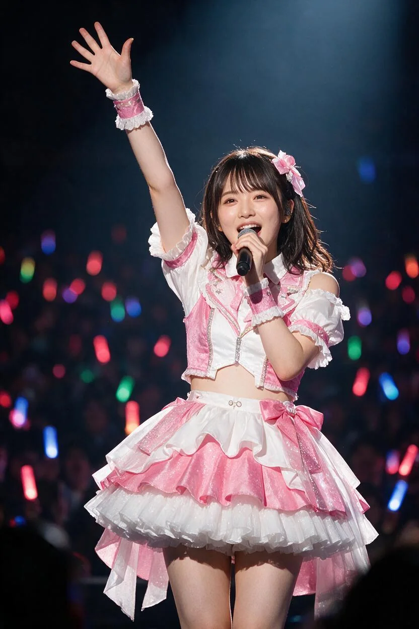 ステージで歌う成人女性アイドルの実写ライブ風AI画像