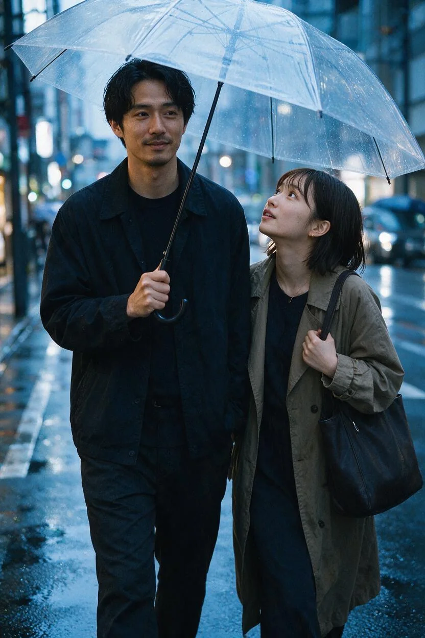 雨の街で透明な傘を共有する成人AIカップル