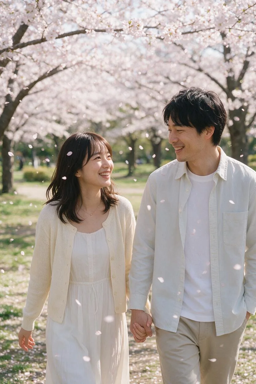 桜の公園を歩きながら見つめ合う成人AIカップル