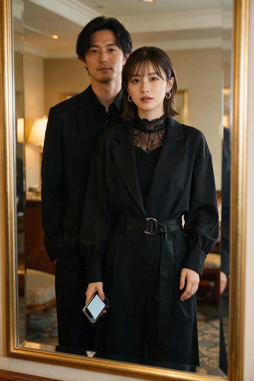 ホテルの鏡の前に並ぶ都会的な服装の成人AIカップル