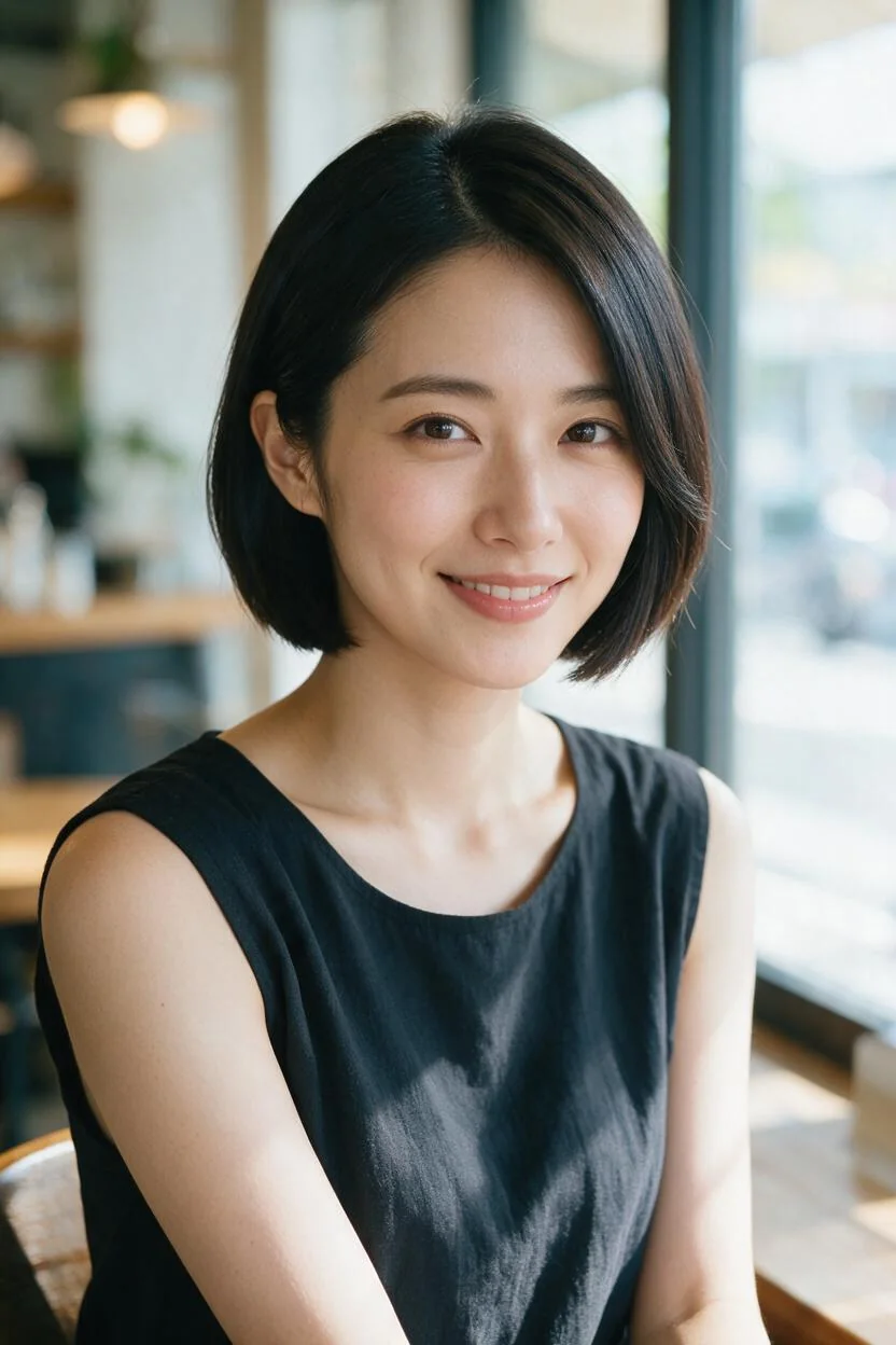 顎のラインでそろえた丸い黒髪ボブの成人AI女性