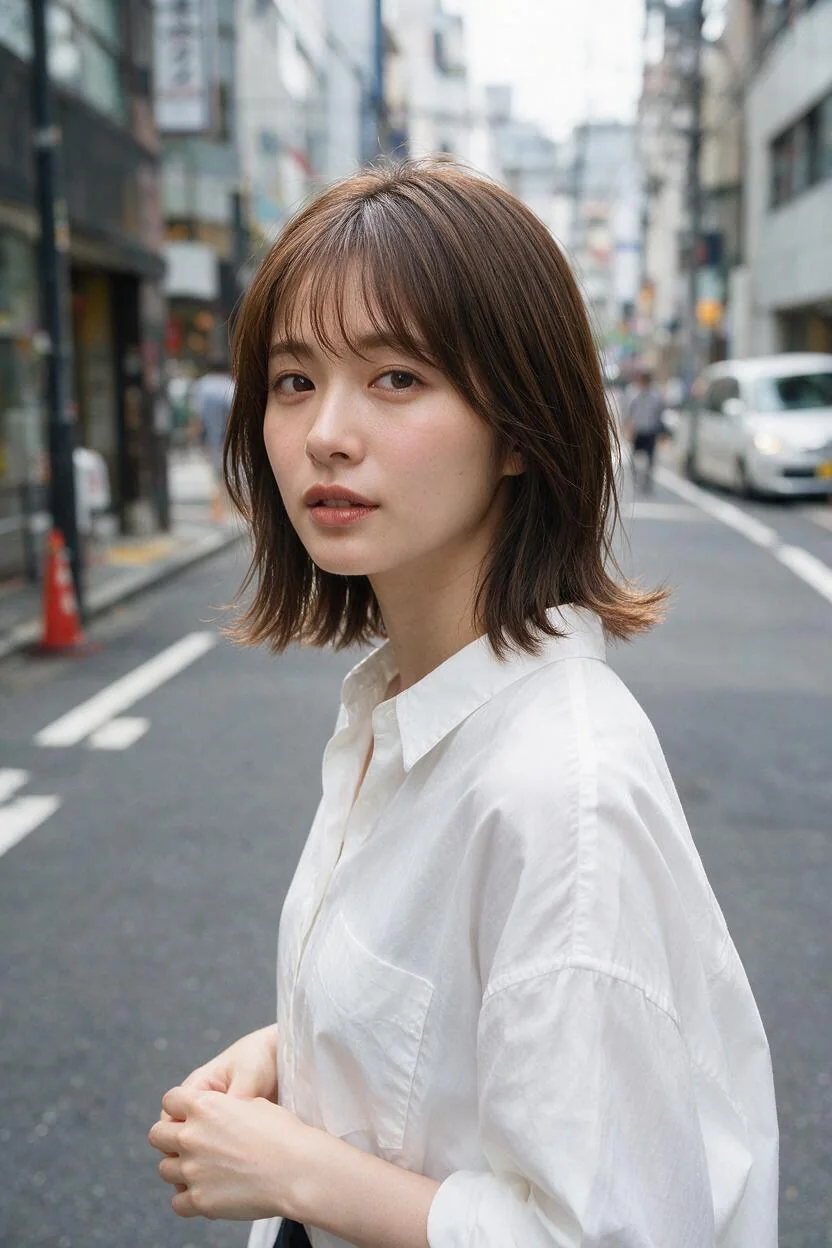 毛先を外ハネにした茶髪ミディアムの成人AI女性