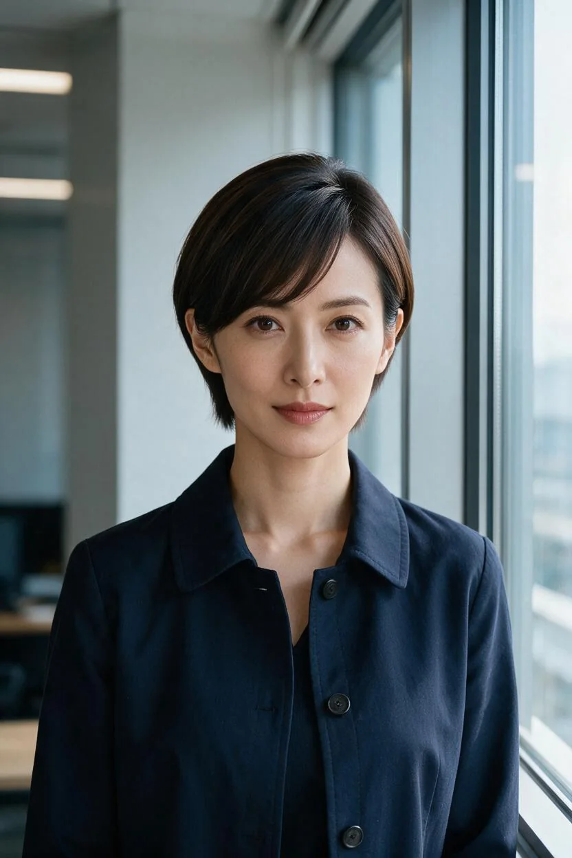 ネイビーのジャケットを着たショートヘアの成人AI女性