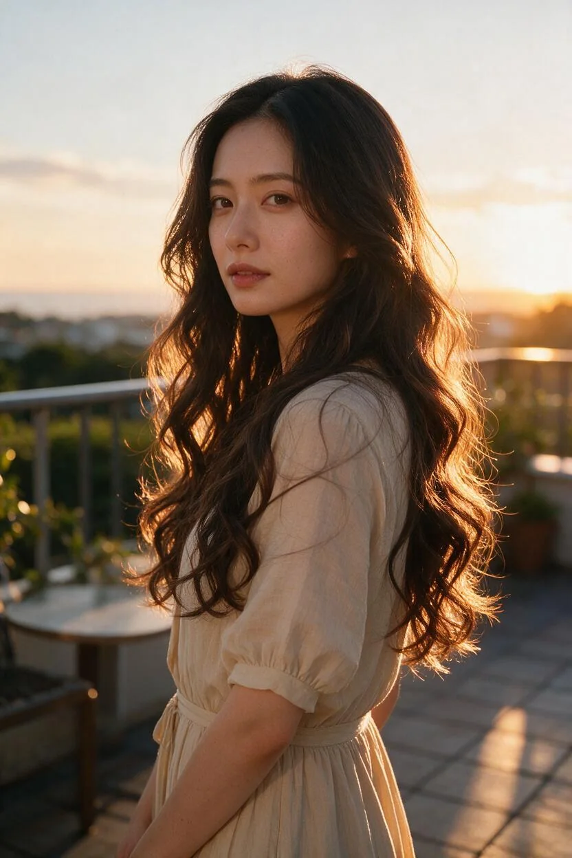 夕暮れの逆光に照らされたゆるいロングウェーブの成人AI女性