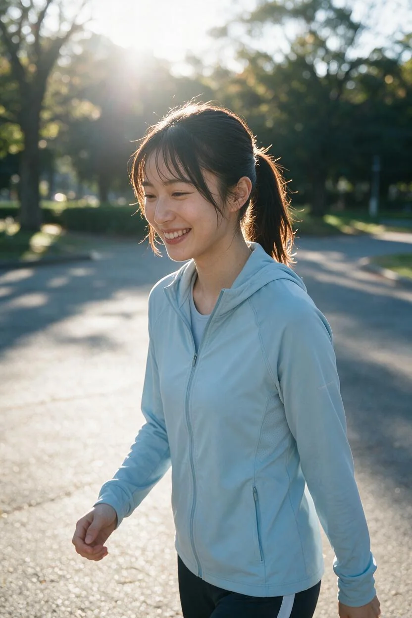 高いポニーテールで朝の公園を歩く成人AI女性