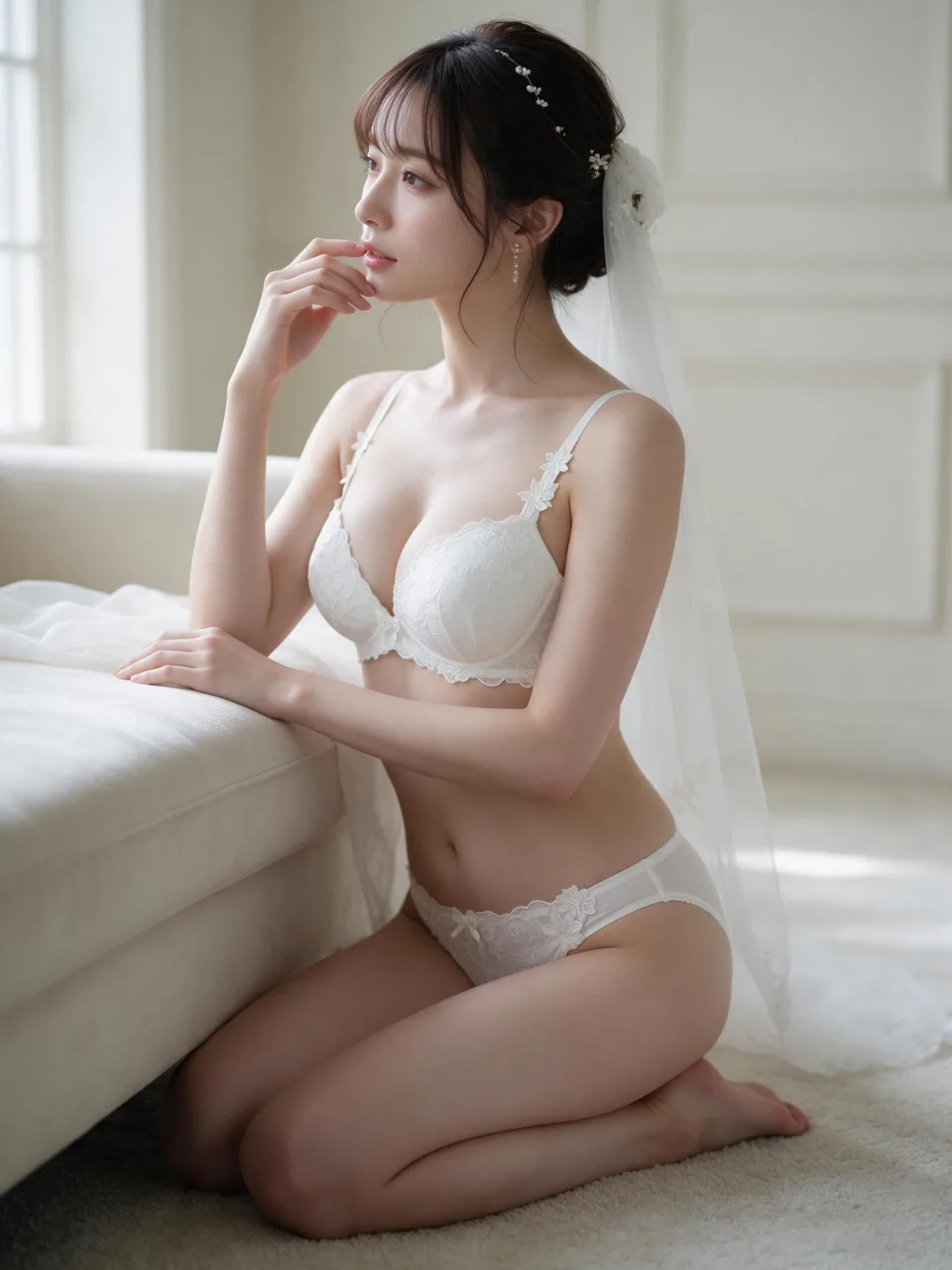 白い刺繍ランジェリーを着た成人日本人AI女性のブライダル風写真