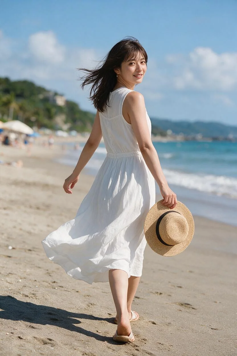 海辺を歩きながら振り返る成人AI女性
