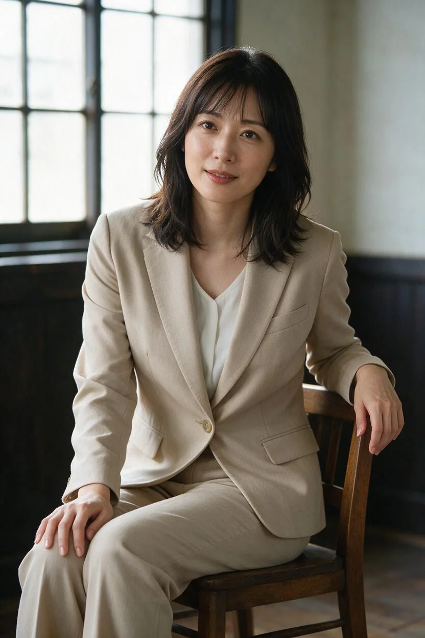 ベージュのパンツスーツで椅子に座る成人AI女性