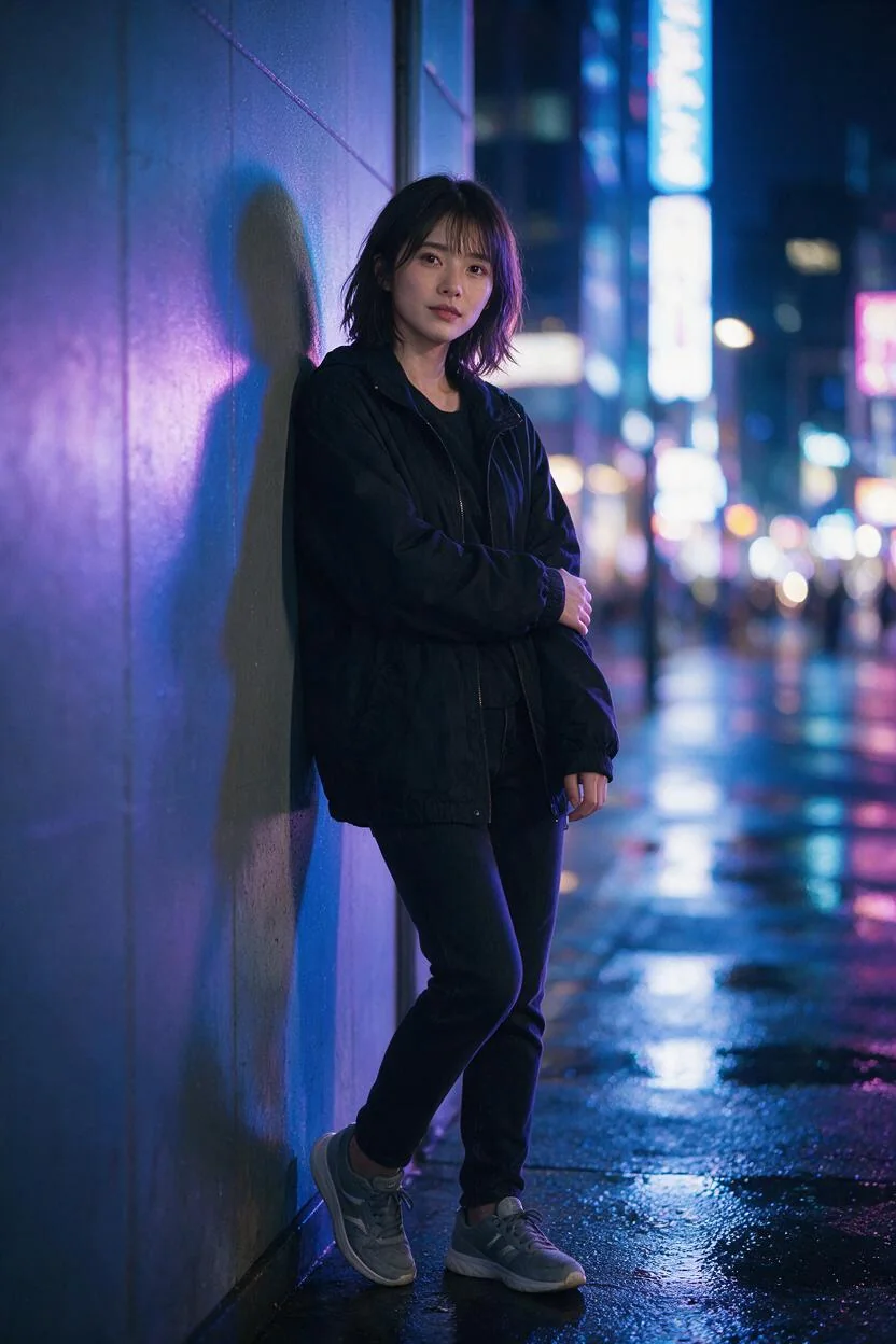 雨上がりの夜の街で壁にもたれる成人AI女性