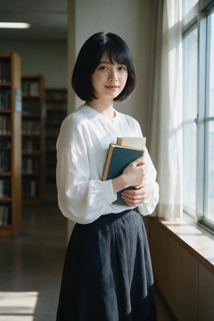 図書館で本を胸元に抱えて立つ成人AI女性